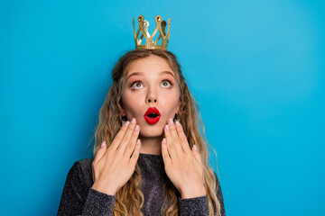 Surprised glamorous girl wear shiny crown glitter dress blue background festive party suitable...