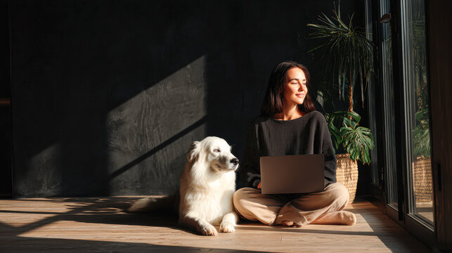 A woman sits cross-legged on the floor with a laptop next to a large white dog, both enjoying sunlight through a window in a cozy indoor setting.