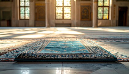 Prayer Rug in a Mosque with Sunlight Streaming Through Windows.