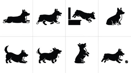 Collection of playful corgi dog silhouette illustrations in various poses and activities