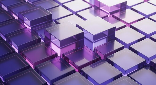 A 3D rendering of a purple and pink grid with shiny cubes