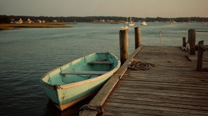 Obraz premium Vintage Wooden Dock with Weathered Rowboat Beside Calm Waters at Sunset