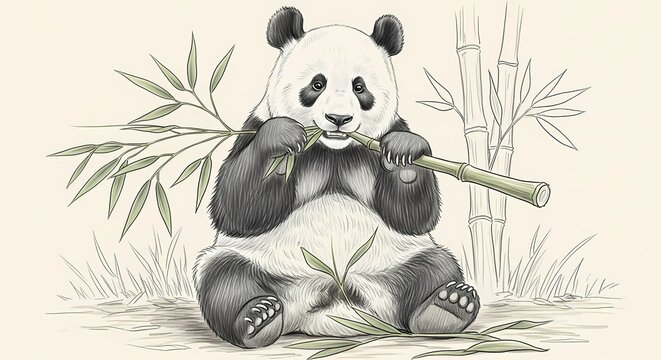 Captivating illustration of a contented giant panda peacefully enjoying a fresh bamboo stalk, a detailed wildlife drawing capturing its gentle essence and natural charm