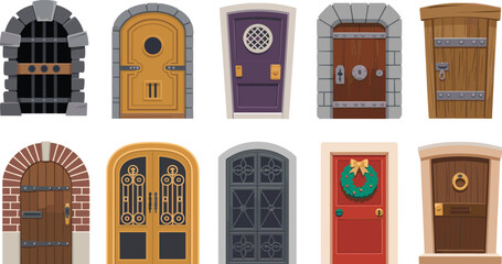 Decorative wooden and metal door collection, arched and rectangular entrance designs with wreaths and iron grilles, vintage and modern doorway vectors