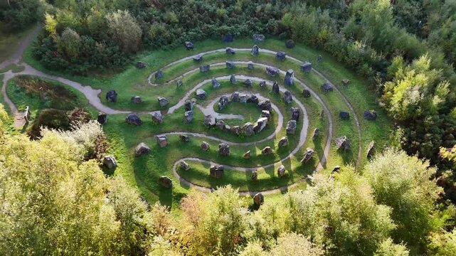 Drone Footage of Touchstone Maze Geological Monument, Strathpeffer, Scotland - 81 Rocks Labyrinth at Blackmuir Wood