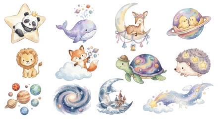 Pastel watercolor cosmic baby animals clipart. Panda, fox, deer, whale, planets, galaxy. Collection of Vector illustrations. Perfect for invitation, card, poster, banner, decoration © maria