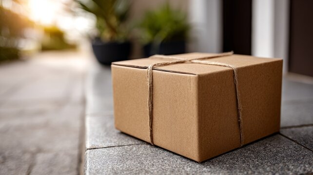 Cardboard package with string on doorstep in morning light