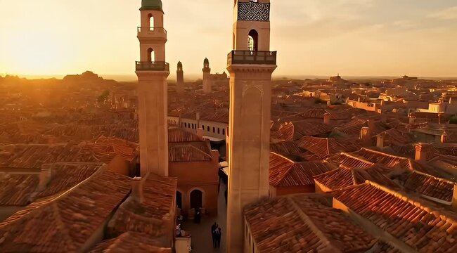Panoramic view of a historic Islamic city at sunset with minarets