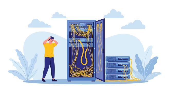 Confused technician man with messy server rack and tangled network cables, problem with data center connection concept