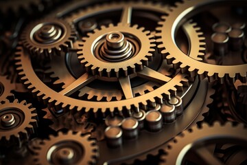 Golden gears interlocking, representing mechanism, precision, and technology working