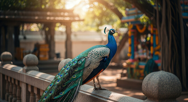 Vaikasi, Visakam A magnificent peacock (Lord Muruga's vahana) perched elegantly on a weathered stone railing within a serene temple courtyard