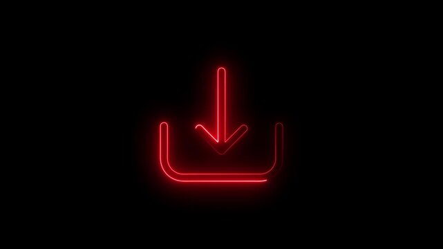 Red glowing neon download icon with arrow pointing down into a tray isolated on a dark black background, representing digital storage, internet technology, data transfer, and futuristic software inter