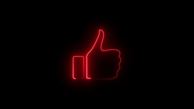Glowing red neon thumbs up icon on a black background representing social media approval, positive feedback, success, and agreement in a modern digital neon light art style.