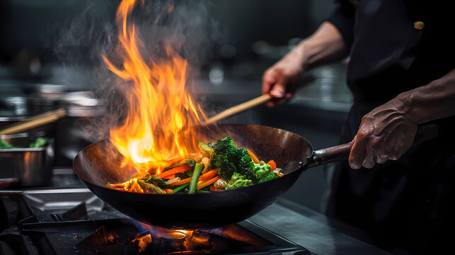 Professional culinary concept featuring stir frying vegetables with intense flames, Generative AI illustrations.