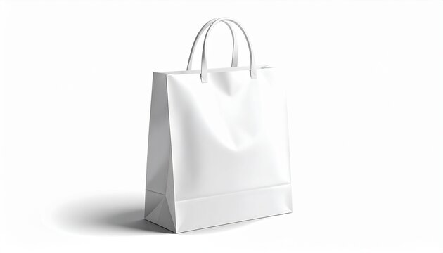 Blank white shopping bag standing upright with soft shadow, realistic product photography, minimal clean style, isolated on pure white background, high detail, commercial use ready