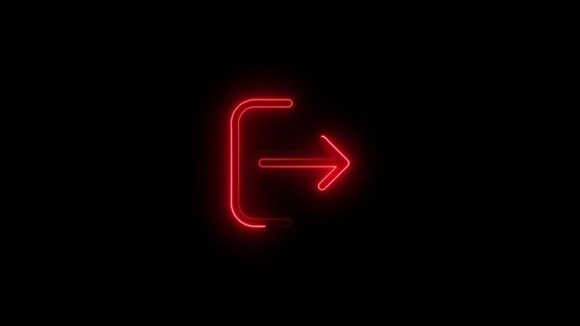 red neon exit sign icon glowing on black background, symbol for logout, leaving, emergency, and directional navigation in a minimalist digital art style