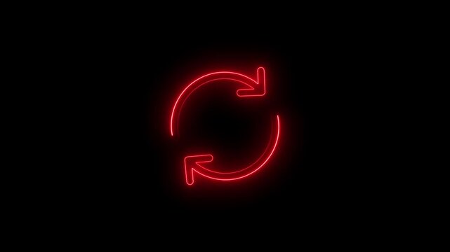 red neon refresh icon with two circular arrows glowing on dark black background for recycle update sync reload and restart concepts