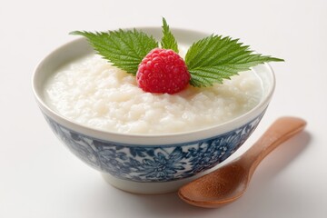 Delicious traditional rice pudding in an ornate blue and white ceramic bowl topped with a fresh red raspberry and green mint leaves, served with a wooden spoon on a clean white studio background