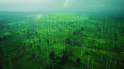 Conceptual 3D aerial view of green agricultural fields with glowing digital light beams and a data dome, representing smart farming, agritech, sustainable land management, and big data analysis