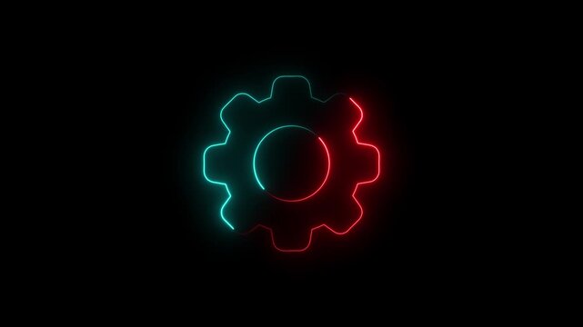neon glowing gear icon in cyan and red colors on black background, futuristic digital technology setting symbol, industrial mechanical cog wheel outline, minimalist tech concept illustration.