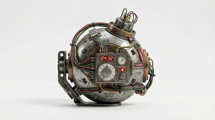 Intricate Steampunk-Inspired Spherical Device with Glowing Digital Timer and Complex Wiring, a Retro-Futuristic Industrial Contraption on a White Background