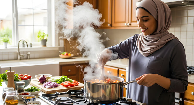 A happy woman wearing a hijab is cooking a healthy meal in a bright, modern kitchen, enjoying the process of preparing food with fresh ingredients and steam rising from the pot