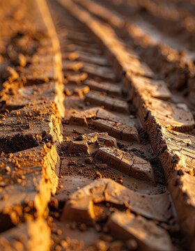Close-up of deep, textured tire tracks impressed into dry, sunlit earth.