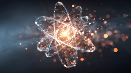 Fototapeta premium Abstract representation of an atom with glowing particles and luminous connections, symbolizing energy and scientific exploration