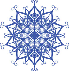 Bright blue filigree mandala with swirling curls and thin lines for winter snowflake art