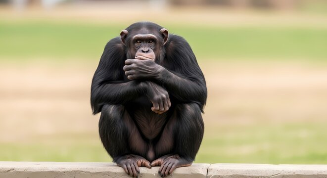 A thoughtful chimpanzee sits serenely, contemplating its surroundings with a pensive expression, a symbol of primate intelligence and curiosity