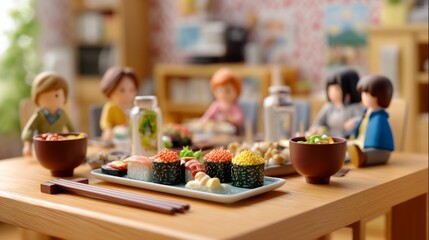 Naklejka premium Fine Dining Experience with Sushi Platters and Miso Soup in a Cozy Setting