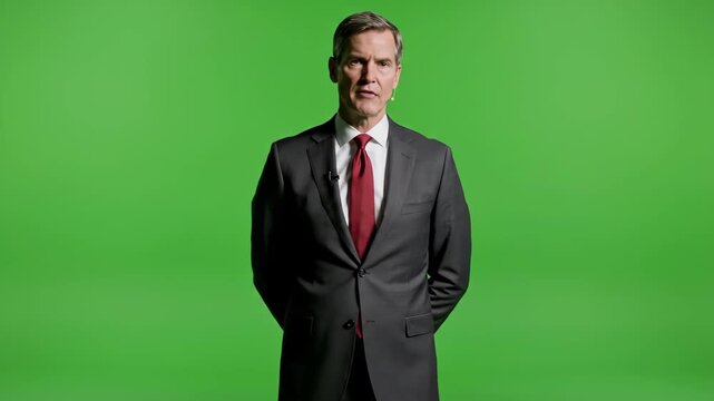 Businessman in suit standing confidently with hands in pockets against green background