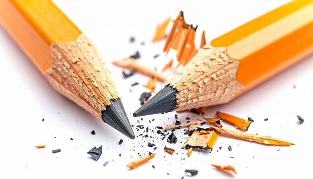 Broken pencil with sharp fragments visible, concept of mistake or failure, realistic macro photography, sharp detail, studio lighting, isolated on pure white background