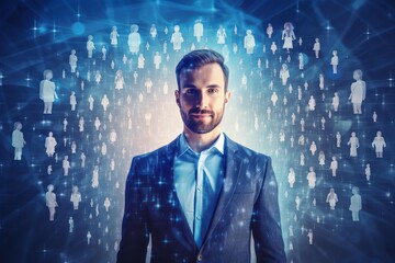Fototapeta premium Businessman standing in front of digital network with people avatars representing social connections