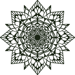 Dark green star shaped mandala with sharp points and intricate inner geometric structure