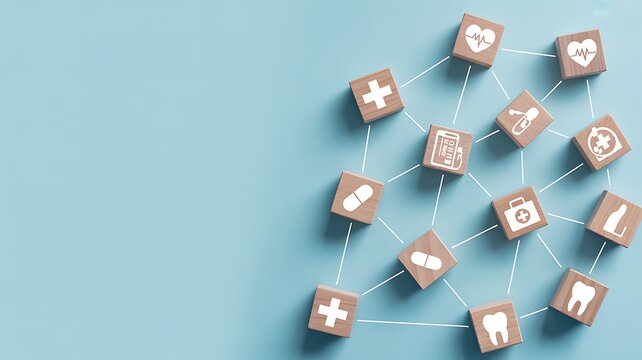 Dental icons on wooden cubes scattered on blue background oral health concept