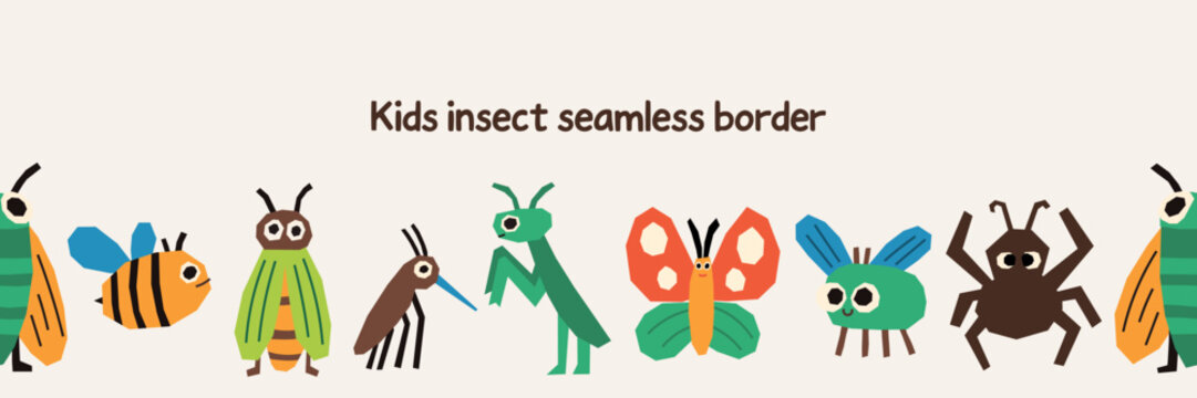 Set insect border seamless pattern with bug and insect cute. Decorative insect border for frames posters and kids layouts.