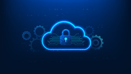 Cloud computing technology background featuring a secure lock integrated with digital circuit lines, representing cloud security, data protection, cybersecurity defense, malware prevention, network © K illustrator Photo