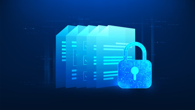 Technology background digital document file with a padlock in front, secure data storage, file encryption, information protection, cybersecurity, restricted access to confidential digital documents.