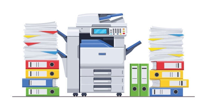 Modern printer machine for office work with stack of documents and folders ready for printing copying scanning files and paperwork organization