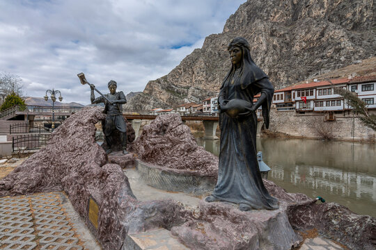 Amasya, Turkey - February 13, 2017 : Ferhat and Sirin Statues near Yesilirmak River in Amasya City of Turkey