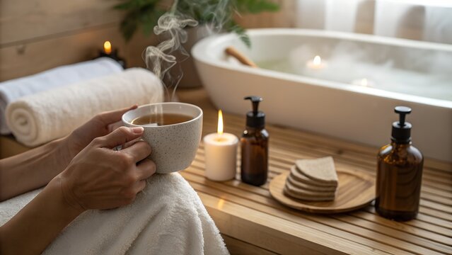 Relaxing spa day at home with a warm cup of coffee and bubble bath, serene ambiance, candles, and skincare products on a wooden tray nearby.