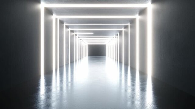 Luminous Corridor: An abstract corridor glows with linear light fixtures, creating a sense of depth and geometric artistry. The interior reflects the illumination.