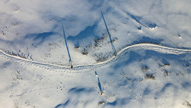 Aerial view of a solitary figure trekking a snow-laden path, etched with shadows and whispers of winter's breath, Hafnarfjordur, Hafnarfjardarkaupstadur, Iceland.