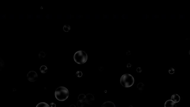 Floating transparent soap bubbles animation in slow motion on dark background, seamless loop.

