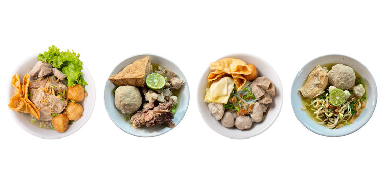 Indonesian Meatball Soup Set with Bakso, Mie Ayam, and Tetelan Ribs Isolated, Mie bakso, bakso iga, bakso beranak