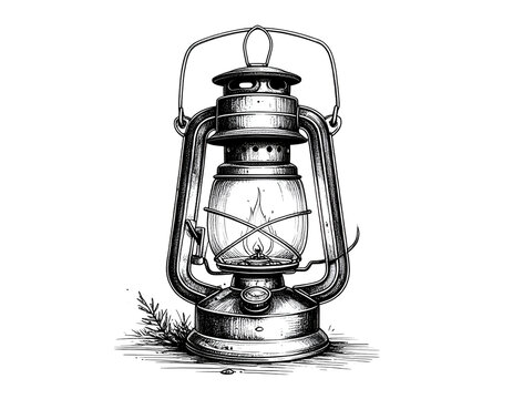 Detailed monochromatic illustration of a vintage kerosene lantern with intricate line work and subtle hatching on a dark background