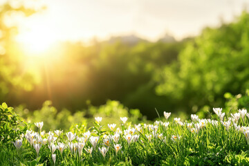 Fototapeta premium Serene spring landscape with blooming flowers and sunlight illuminating greenery creates peaceful atmosphere