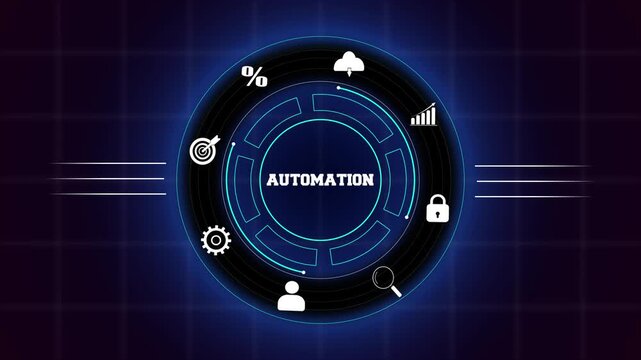 Business process automation and digital workflow optimization concept, featuring a glowing blue digital interface with icons for robotic efficiency.