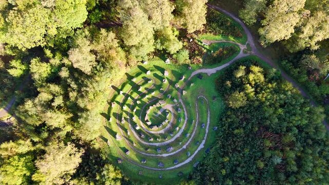 Aerial 4K Drone Footage of the Touchstone Maze Labyrinth in Strathpeffer, Scottish Highlands - Geological Stone Circle with Astronomical Alignment